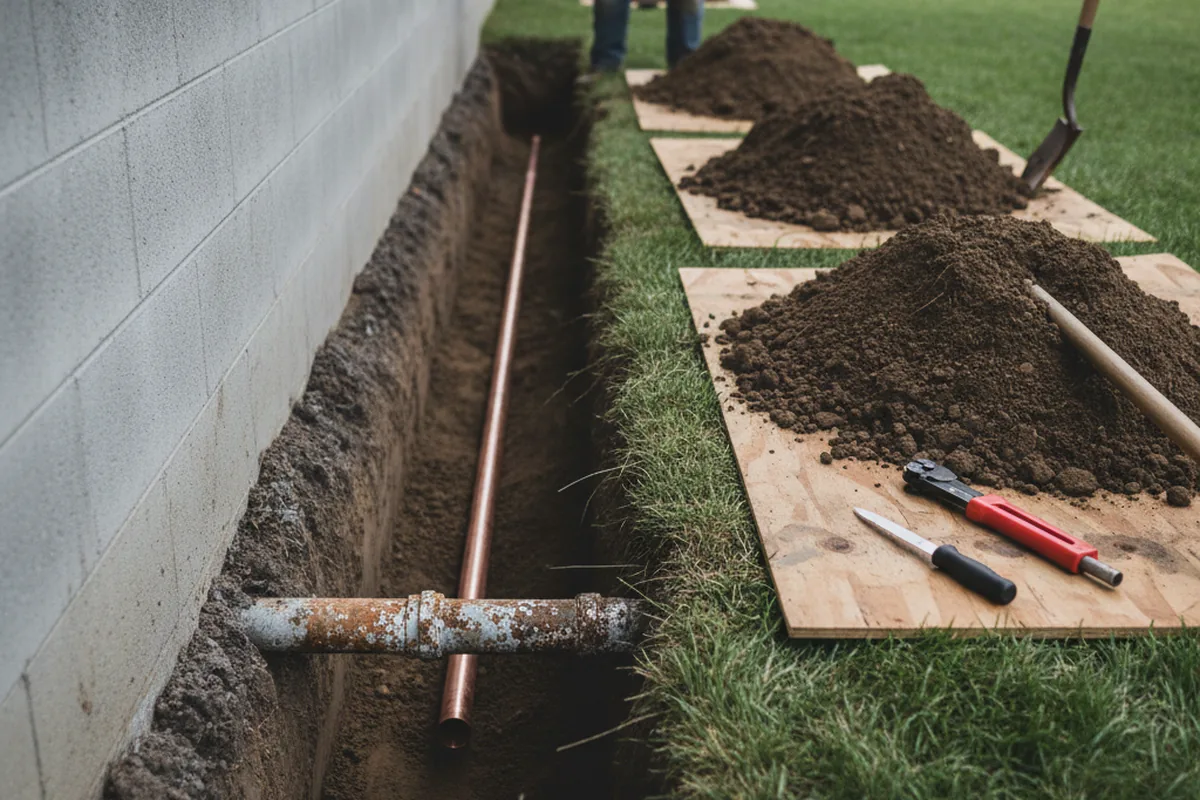 Excavated water line trench during Water Softener Installation in Fletcher